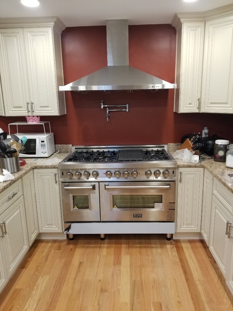 Professional gas range with hood vent and pot filler