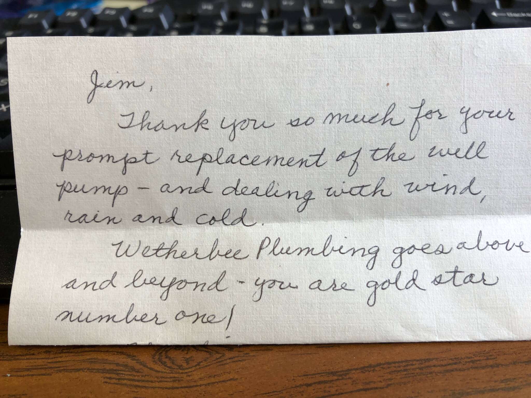 Thank-you note for prompt well pump replacement in bad weather