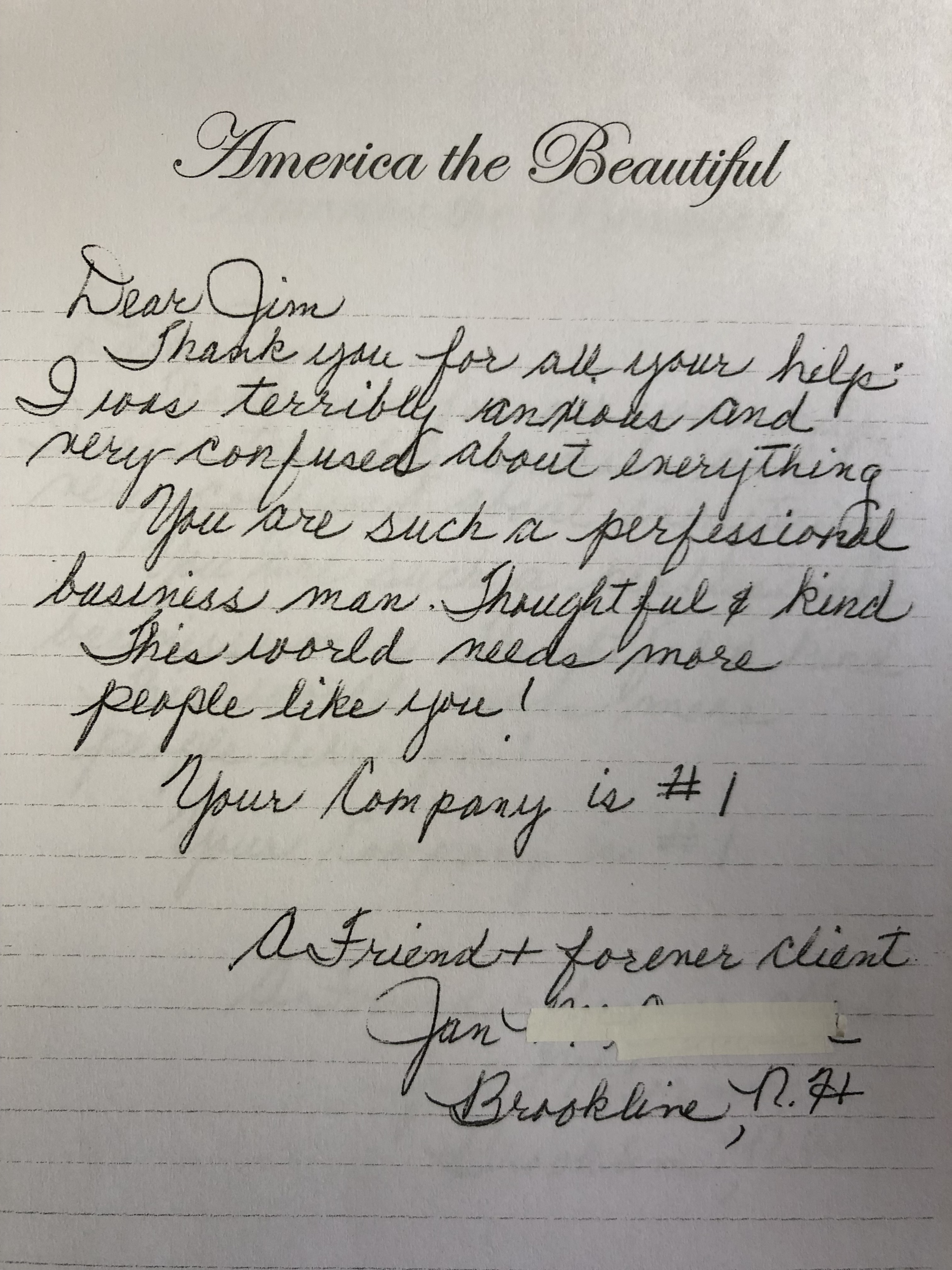 Handwritten thank-you letter praising professional and kind service
