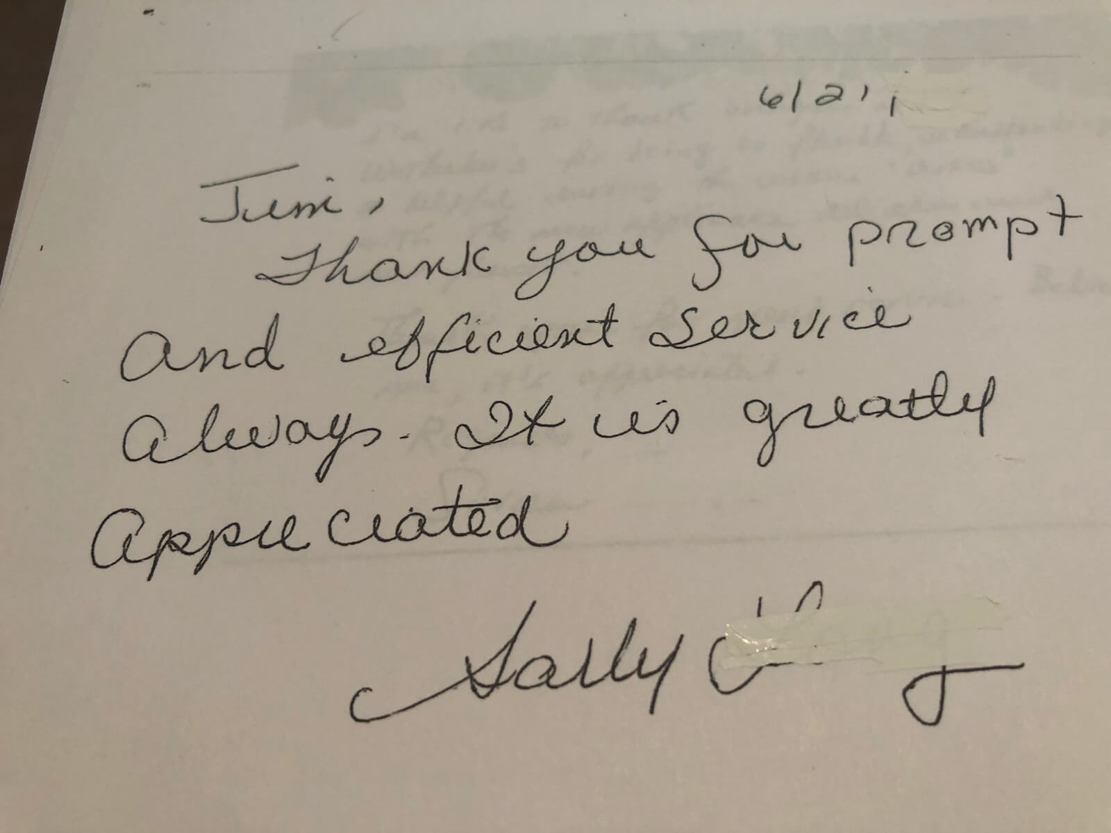 Note from Sally thanking for prompt and efficient service