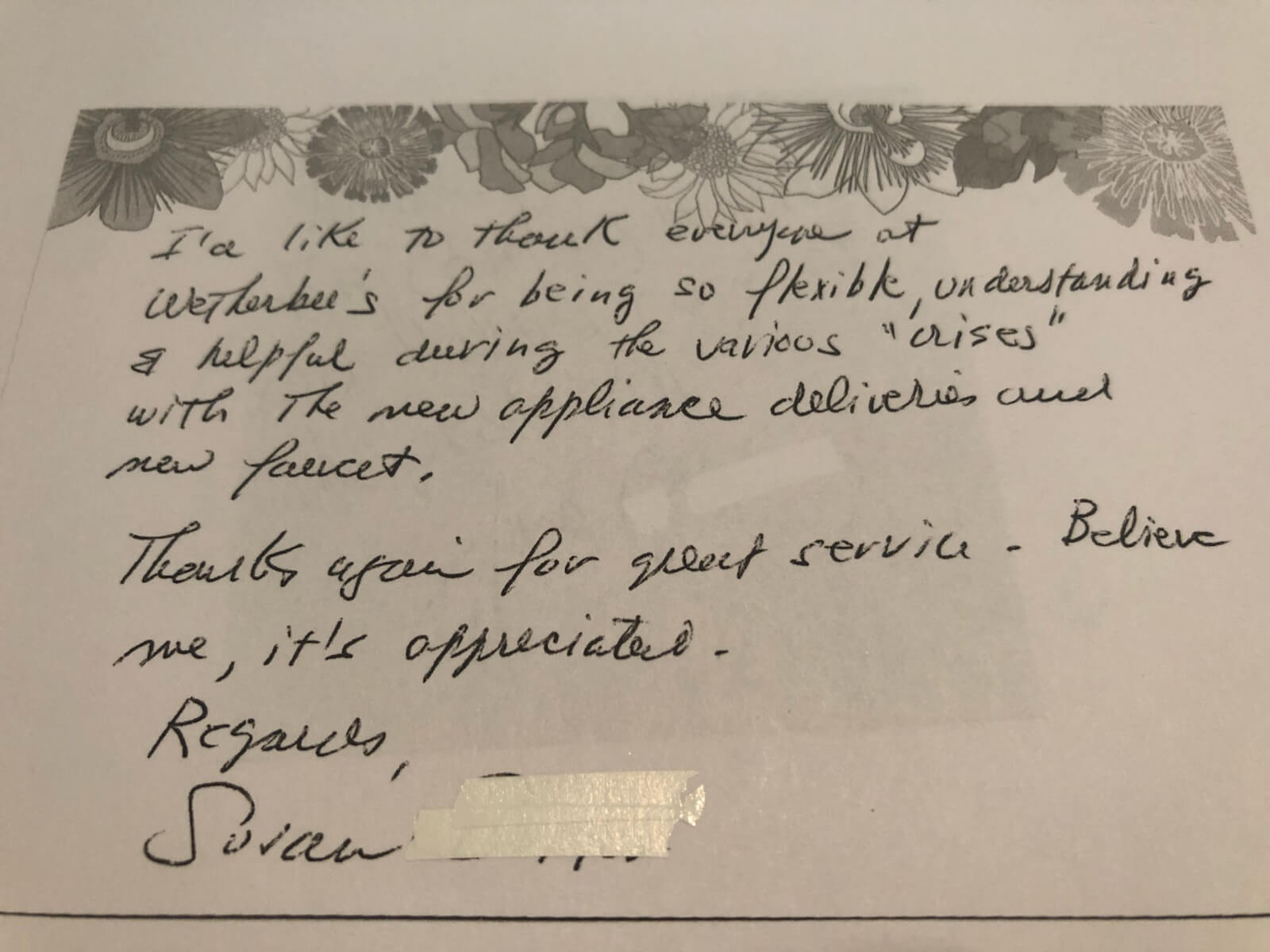 Note from Susan thanking for flexibility and great service