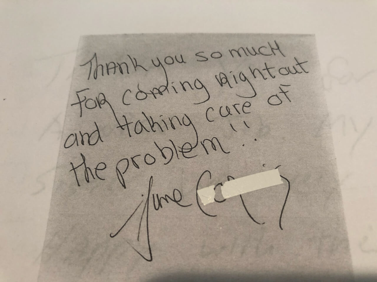 Note from June thanking for coming right out to fix the problem
